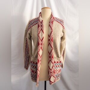 Lucky Brand Southwestern Knit Cardigan Sweater Beige Red Blue Small